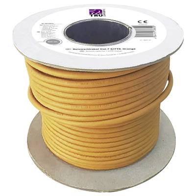 Reel of orange network cable, 50 m, on a cardboard spool. Top surface displays manufacturer information and CE marking.