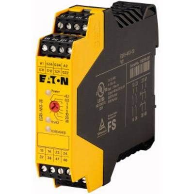Yellow safety relay from Eaton with multiple connection points, model designation 'ESR4-NV3-30'. Suitable for safety applications.