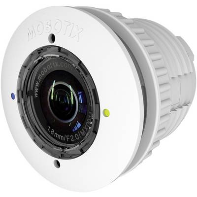White surveillance camera with large lens and 'MOBOTIX' marking. Suitable for indoor and outdoor monitoring.