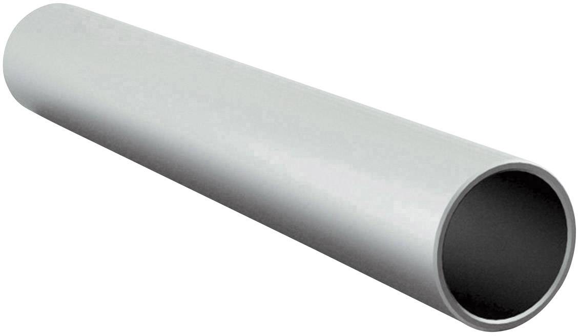 A grey, cylindrical pipe made of metal or plastic, angled slightly to the right.