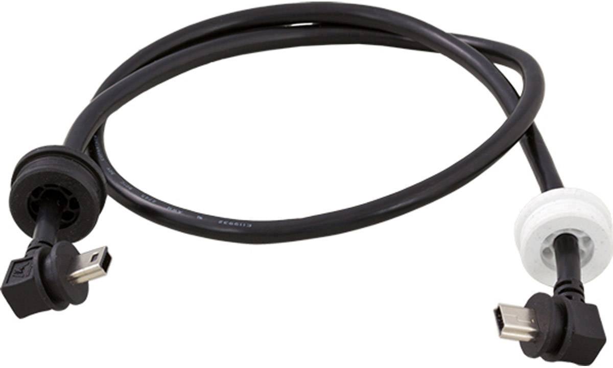 A black network cable with two plugs, each angled at 90 degrees, lies on a white surface.