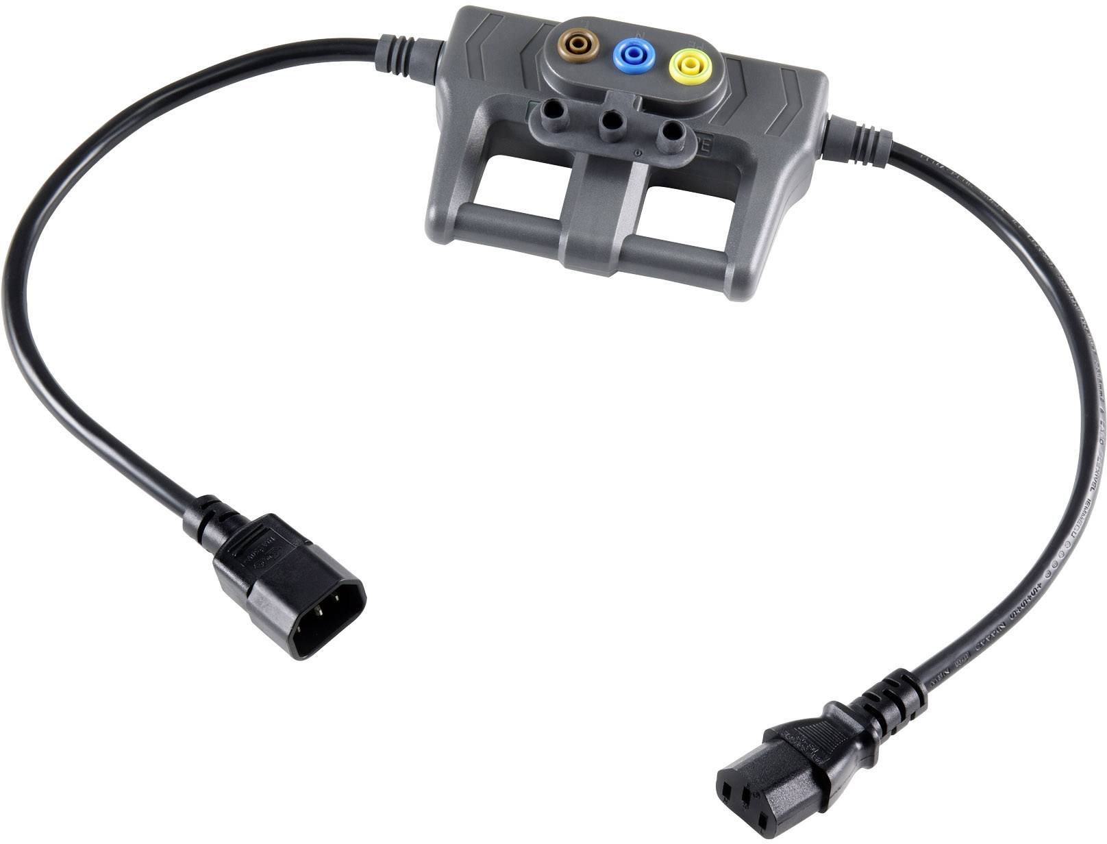 Grey electrical device with two cable connections. Top surface has three coloured connections: brown, blue, yellow. Connects electronics.