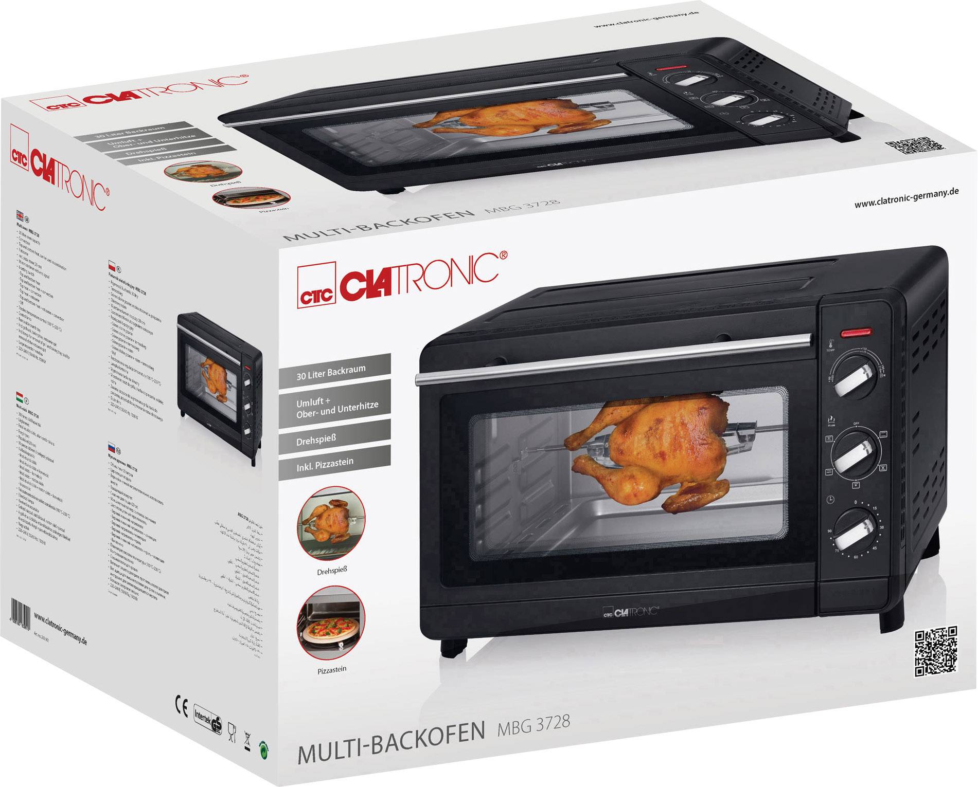 Packaging of a CLATRONIC Multi Oven with an image of a roasted chicken inside the oven. Model MBG 3728 with 30-litre capacity.