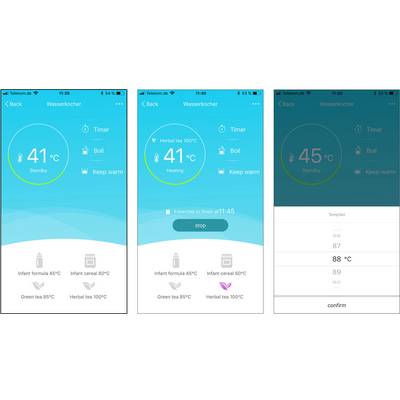 Three smartphone screens display an app for temperature control with various options for heating and automatically keeping liquids warm.