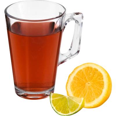 A glass of red fruit tea with an orange slice and a small lime wedge beside it.