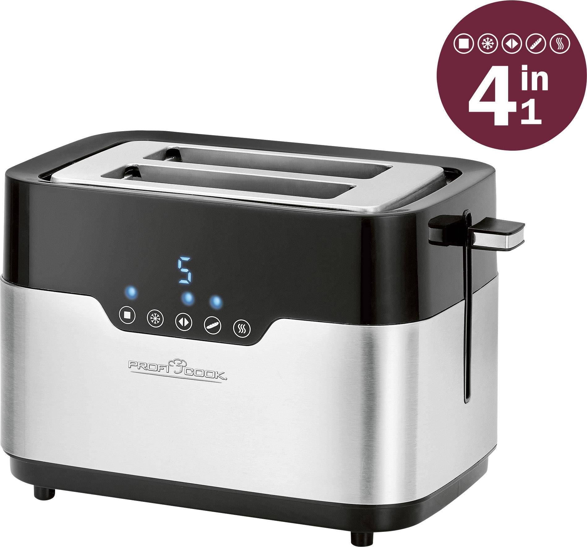 Silver toaster with two slots, blue control buttons and a 'Profi Cook' logo. In the background, a '4 in 1' graphic.