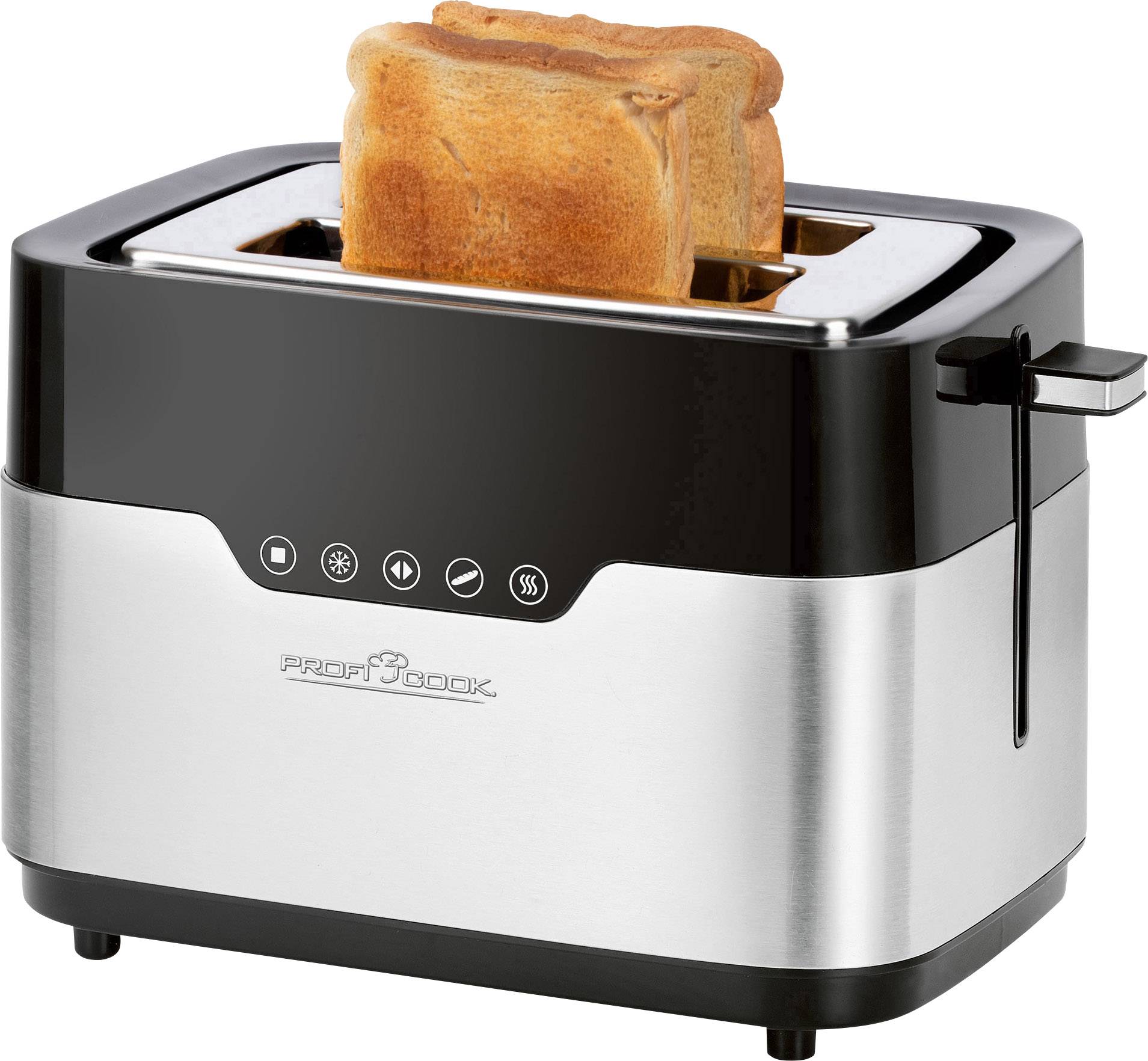 A stainless steel-coloured toaster with two slots, in which two slices of toast are popping up. The toaster has buttons on the front.