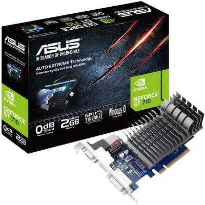 Asus GeForce GT 710 graphics card with heatsink, 2 GB memory. Packaging shows product image and logos of Nvidia, Asus and "Windows 10".