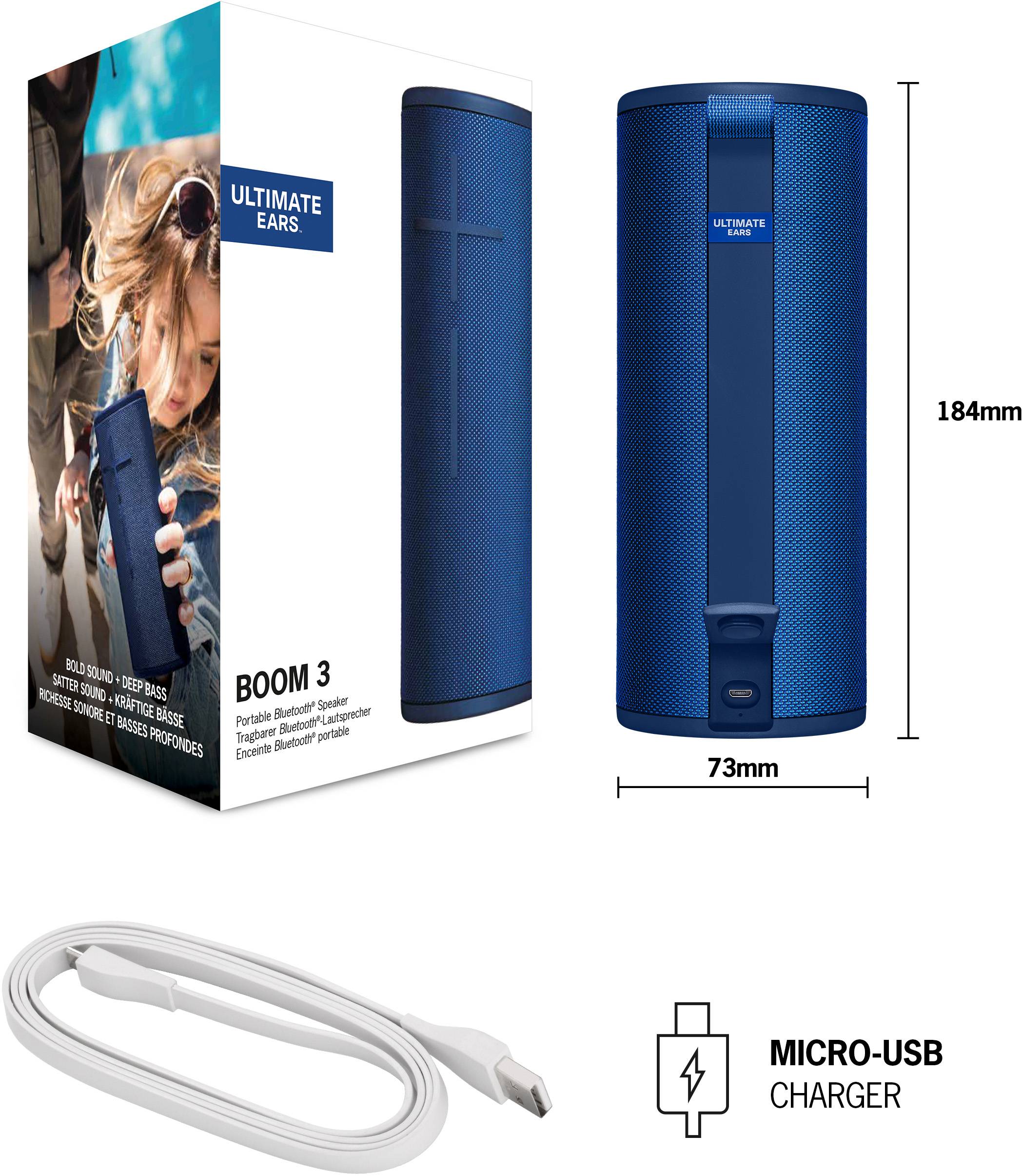 'Ultimate Ears BOOM 3' Speaker in Blue. Dimensions: 73 mm x 184 mm. Box displays usage image. Includes MICRO-USB charging cable.