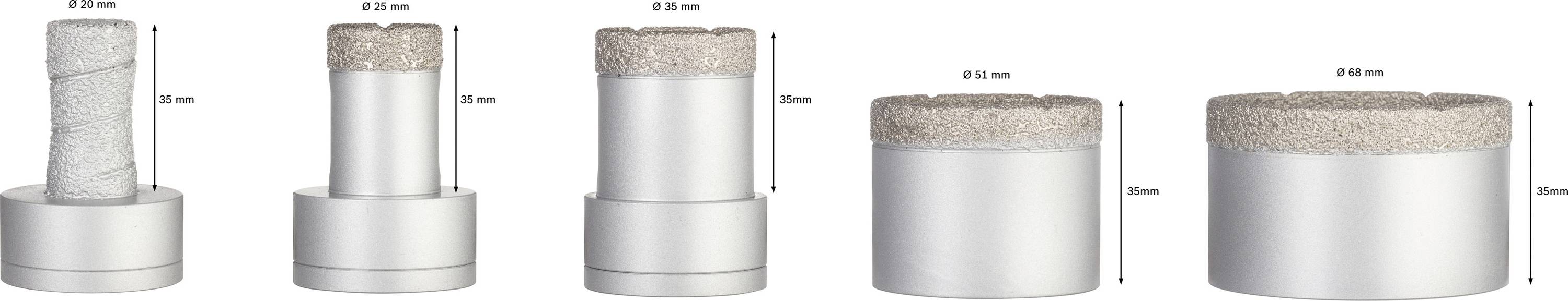 Five different diamond drill bits in a row, each with specifications for various sizes and diameters of the cutting edges.