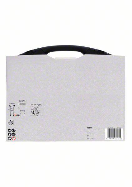 A grey packaging with a black handle, containing technical drawings and specifications for a Bosch product. Barcode located bottom right.