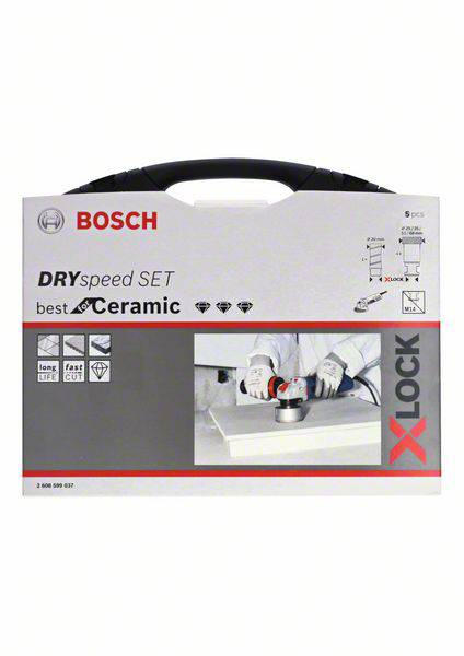 Packaging for the Bosch DRYspeed Set for Ceramics. Image of hands using a drill. Contains 5-piece set and X-LOCK system.