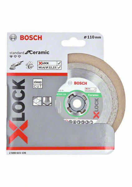A Bosch X-Lock ceramic cutting disc with 110 mm diameter. The packaging displays symbols for standard use, clean cutting, and dimensional specifications.