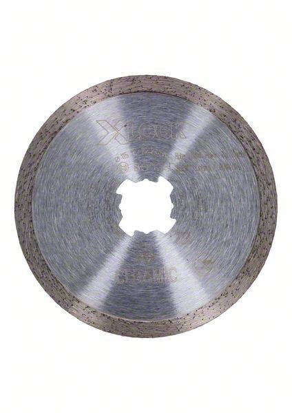 A silver, round circular saw blade with a gear-shaped opening in the centre. It is designed for cutting ceramic materials.