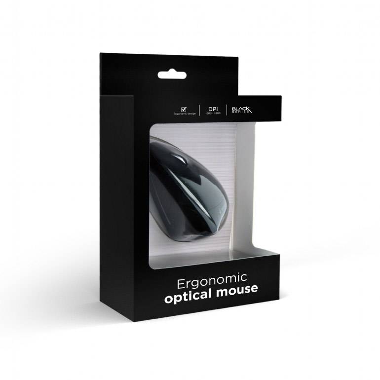 'Packaging for an ergonomic optical mouse, black, with highlighted design for comfort. Text on the packaging: Ergonomic optical mouse.'