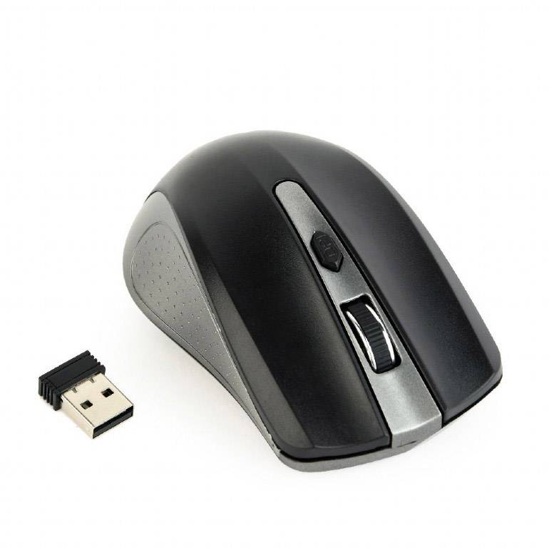 Wireless black computer mouse with USB receiver, suitable for computer interaction and navigation.