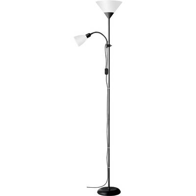 Floor lamp with two white shades and a black metallic stand. One shade is adjustably positioned. Power cable runs along the stand.