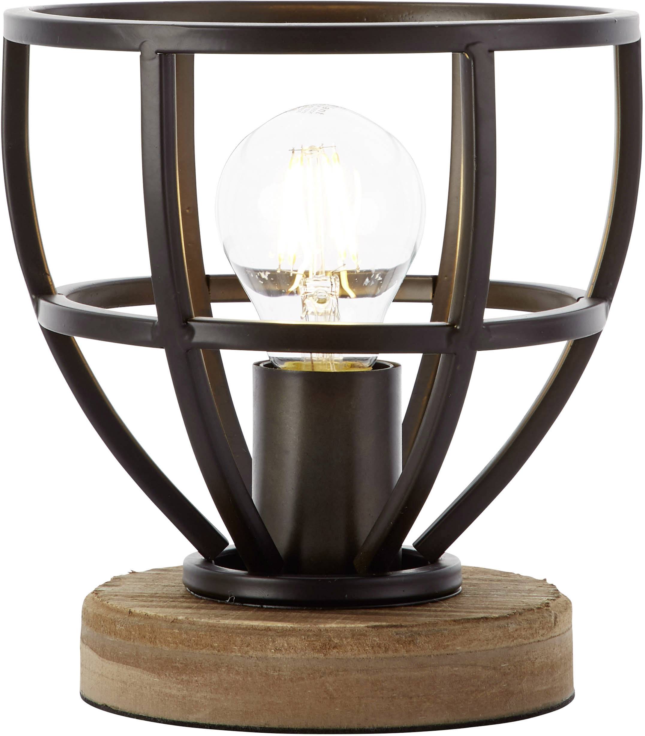 Table lamp in an industrial style with a wooden base and exposed light bulb in a metal cage.