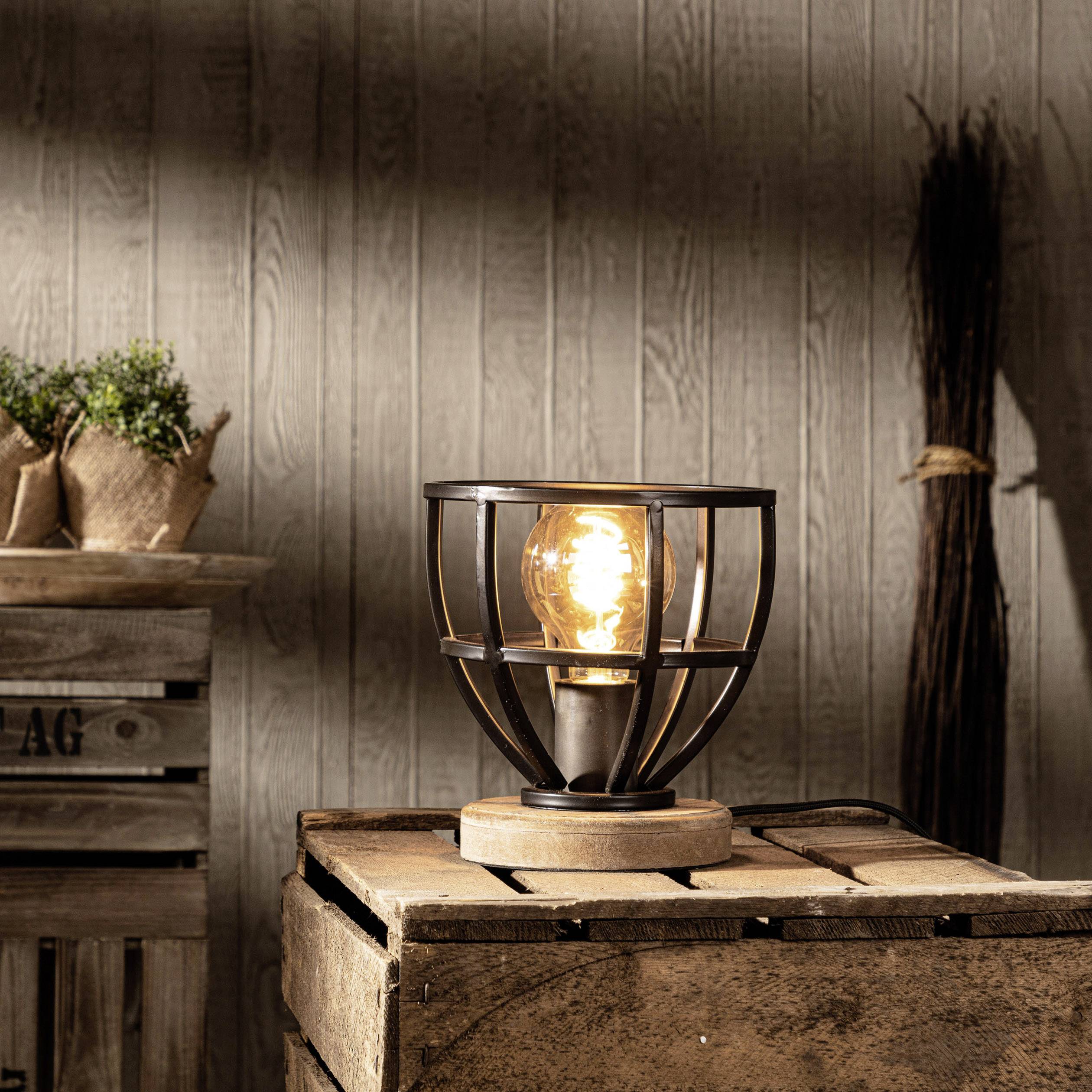 A table lamp with a metal mesh shade surrounds a light bulb. It sits on a wooden table, decorated with plants and wooden crates in the background.