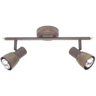 Two-bulb ceiling light in antique brass finish with adjustable spotlights, perfect for targeted room illumination.