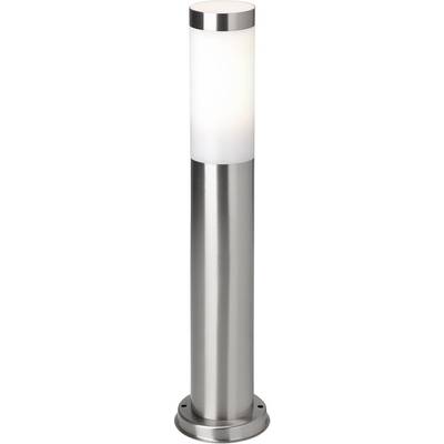A modern, cylindrical outdoor lamp made of stainless steel with a white luminaire, suitable for garden or courtyard lighting.