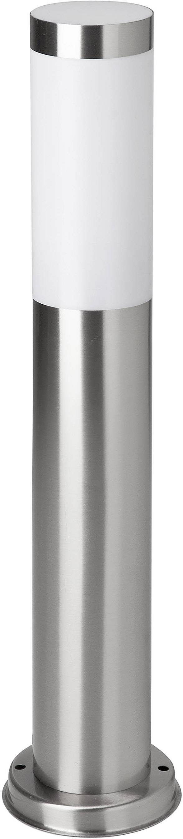 A modern, cylindrical stainless steel outdoor light with frosted white glass on top, suitable for paths or gardens.