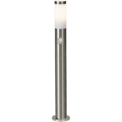 A modern, cylindrical outdoor light made of metal with an integrated motion sensor and a frosted glass cover.