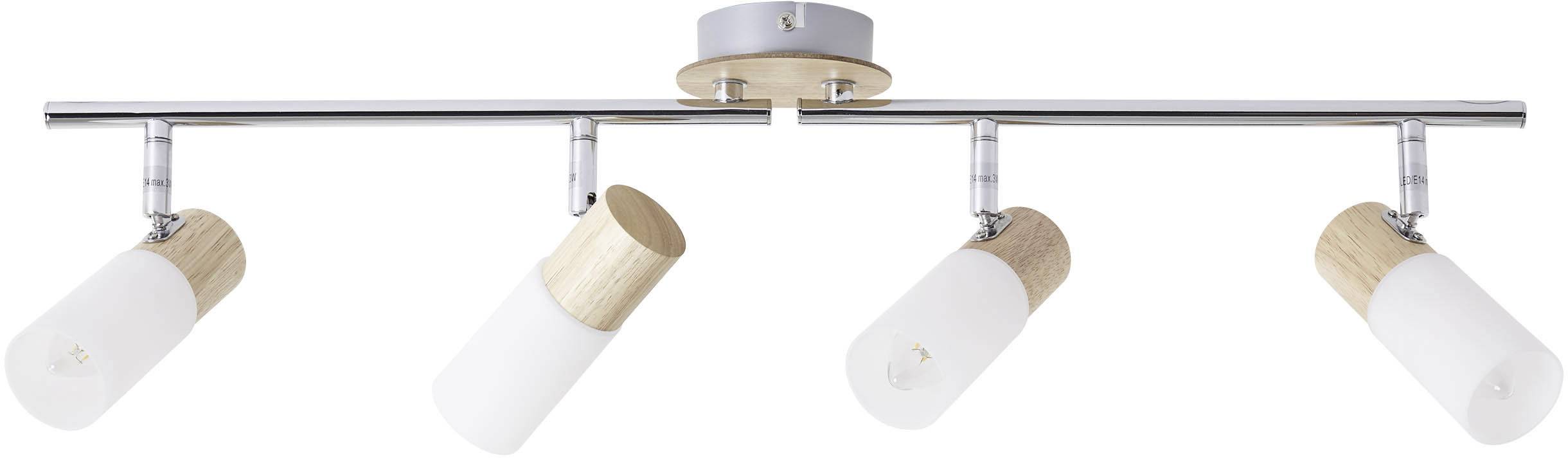 Ceiling light with four adjustable, cylindrical lamps, some with a wood-effect finish, mounted on a metal frame.