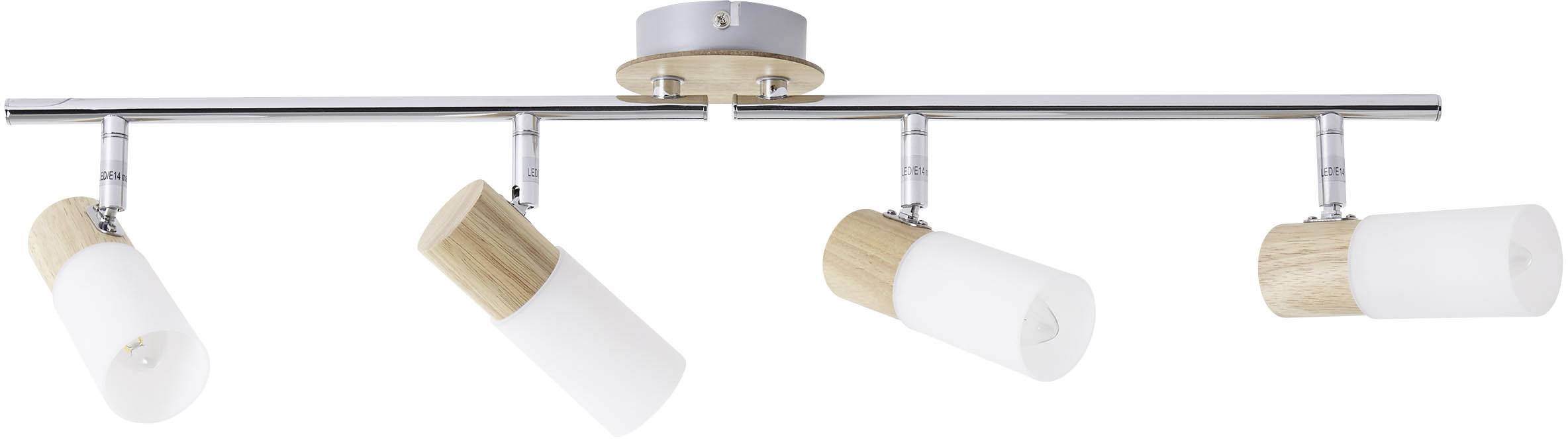 Ceiling light with four white cylindrical shades and wooden elements, mounted on a metal support.