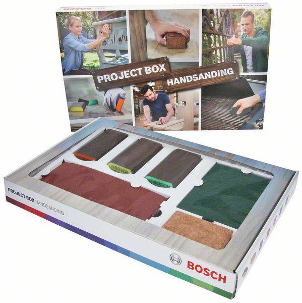 'Bosch Project Box: Hand Sanding' – Contains sandpaper and accessories for hand sanding projects. Packaging shows potential applications.