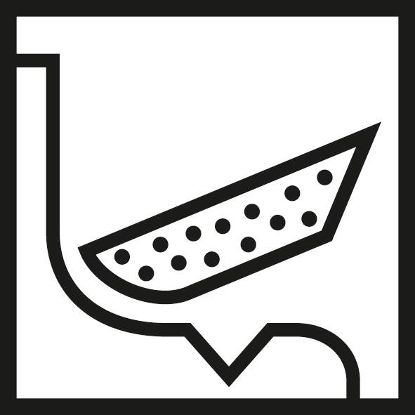 Symbol of a shower with a water jet, represented by black lines and dots on a white background.