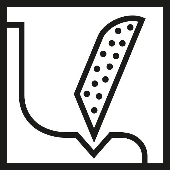 A simple symbol depicts an abstracted shower head design with a water jet in black and white.