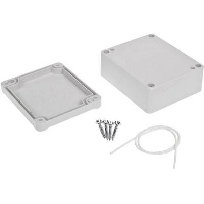 Grey, rectangular electronics enclosure in two parts with four screws and a cable tie wire beside it.