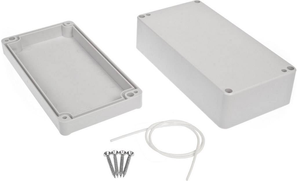 Rectangular plastic enclosure consists of two parts. Alongside the enclosure are four screws and a cable tie.