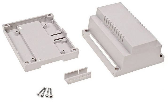 A grey plastic casing in individual parts, comprising a lower and upper section along with two screws for assembly.