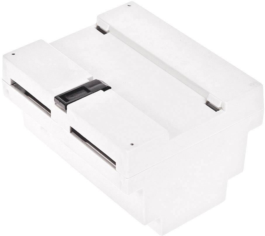 White, compact, rectangular plastic object with a hinge in the middle, against a white background.