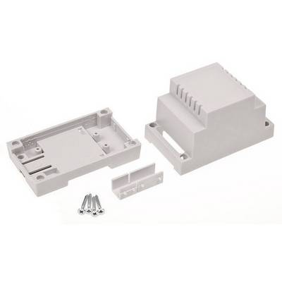 A grey plastic enclosure for electronic components, consisting of two parts, a mounting element and four screws.