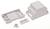 A grey plastic enclosure for electronic components, consisting of two parts, a mounting element and four screws.