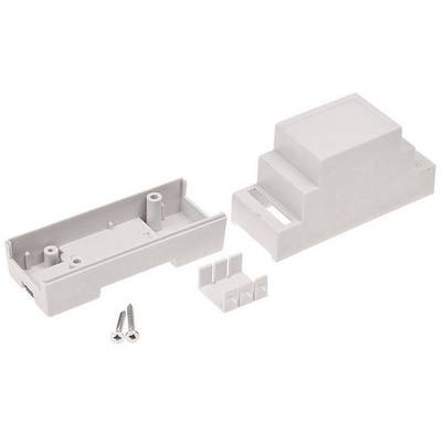 White plastic enclosure for electronic devices, consisting of two parts, with accessories such as screws.