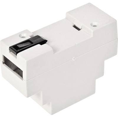 A white adaptor plug with two holes at the top and a black switch on the side, likely for electronic use.