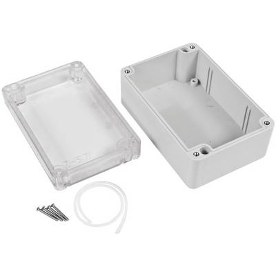 Transparent and grey plastic box opened, with screws and seal beside it.