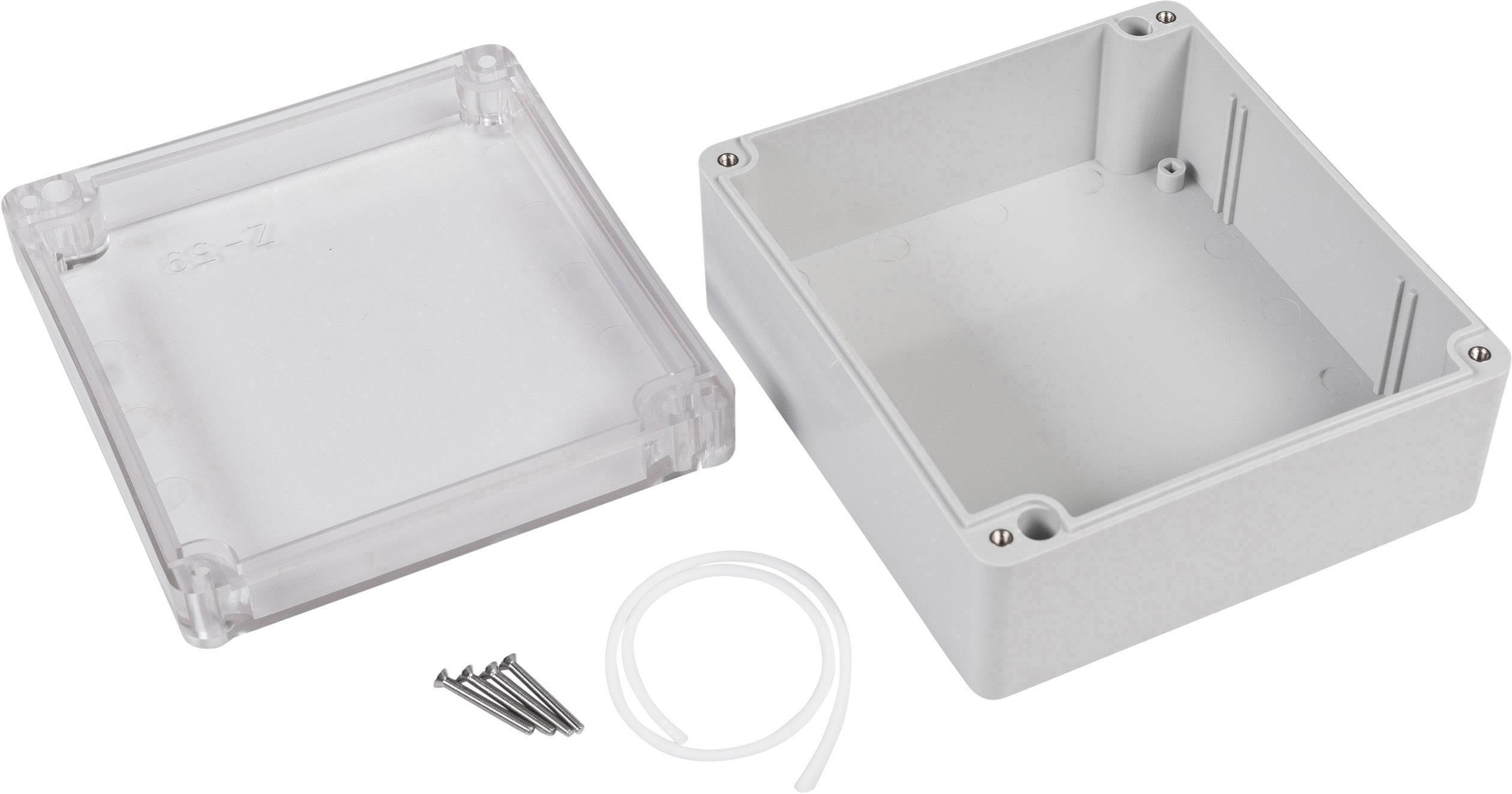 A rectangular grey enclosure with a transparent lid, four screws and a white cable. The enclosure is open.