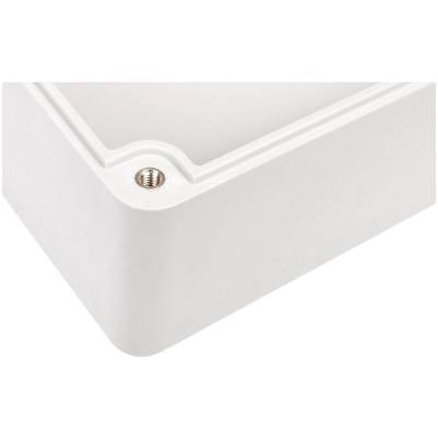 White plastic box corner with visible metal screw. Minimalist design, smooth and rounded edges.