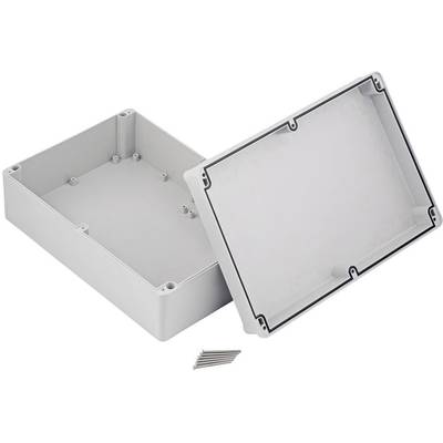 Grey rectangular plastic enclosure with removed lid and screws, suitable for electronic components.