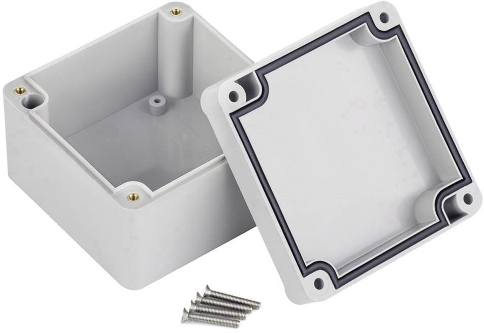 Grey, square plastic casing with lid removed. Five screws are lying beside it.