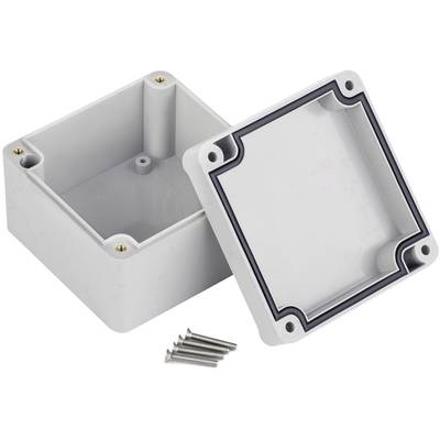 Grey, square plastic casing with lid removed. Five screws are lying beside it.