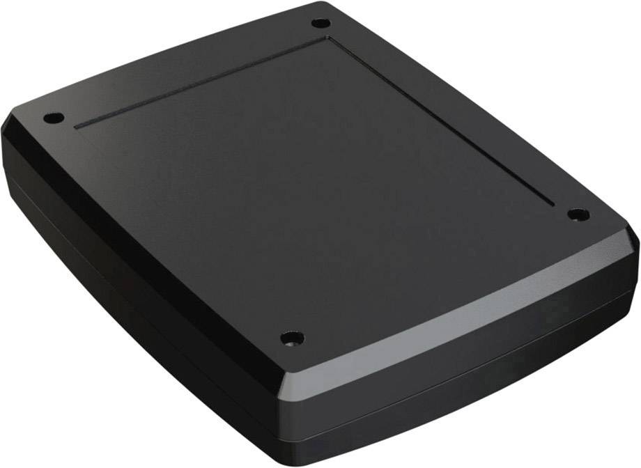 Black rectangular plastic casing with rounded corners and four screw holes at the corners.