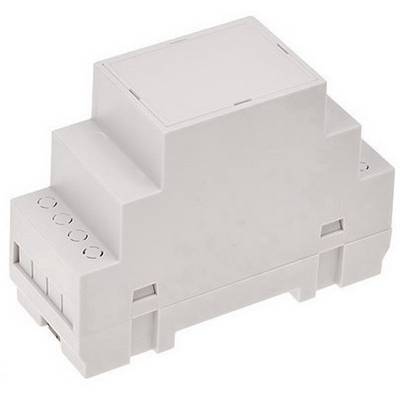 A white DIN rail plastic enclosure with side openings, suitable for mounting electronic components.