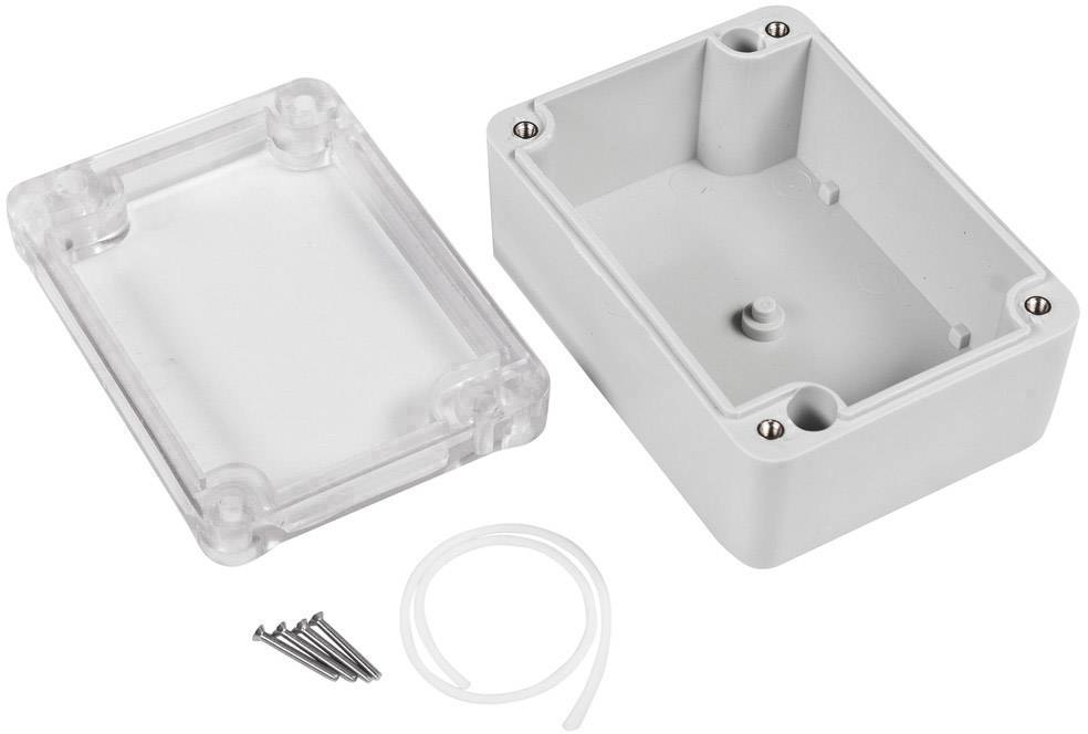 A rectangular, transparent enclosure with a removable cover, alongside screws and a sealing ring, on a white background.