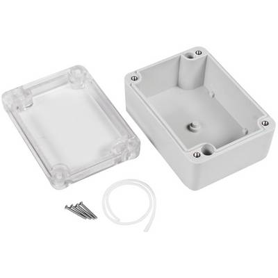 A rectangular, transparent enclosure with a removable cover, alongside screws and a sealing ring, on a white background.